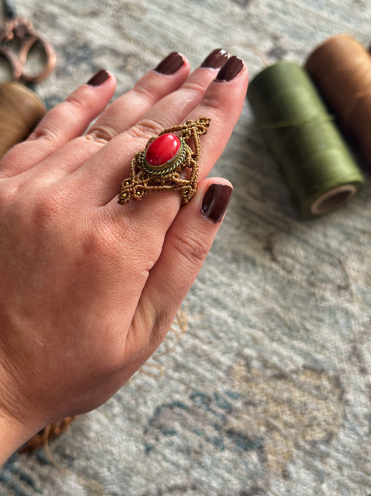 Red Onyx Macrame Ring