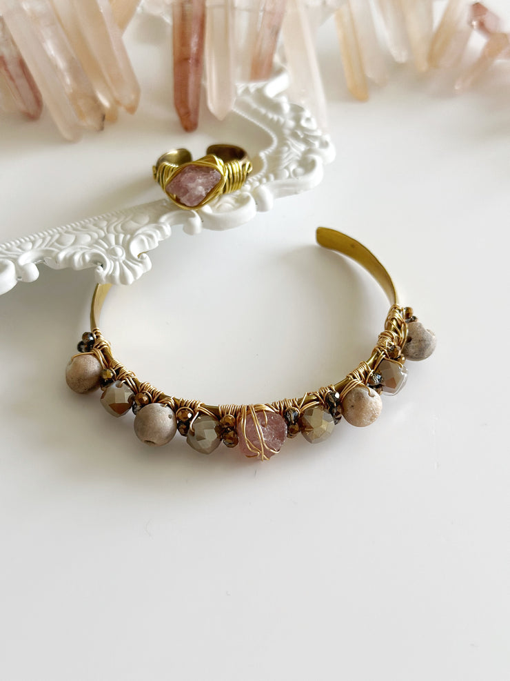 Raw Rose Quartz Brass Cuff