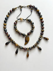 Electroplated Tigers Eye Neckle with Faceted Round Beads and Real 18k Gold Plated Hematite Rondelle and Turquoise
