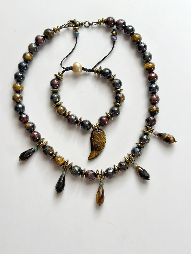Electroplated Tigers Eye Neckle with Faceted Round Beads and Real 18k Gold Plated Hematite Rondelle and Turquoise