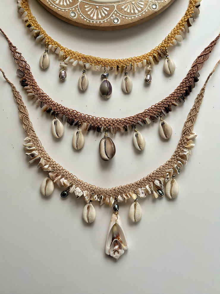 Conch Cowrie and Fresh Water Pearl Macrame Necklace