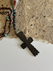 Hand Knotted Rosary with Coral, Tibetan Brass and Carved Bone Cross