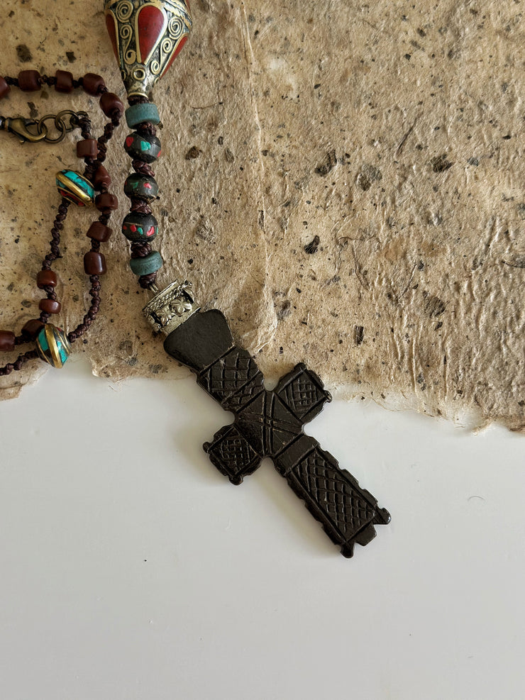 Hand Knotted Rosary with Coral, Tibetan Brass and Carved Bone Cross