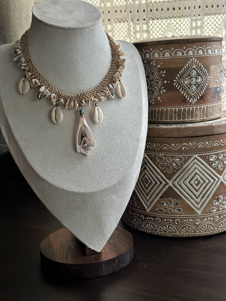 Conch Cowrie and Fresh Water Pearl Macrame Necklace