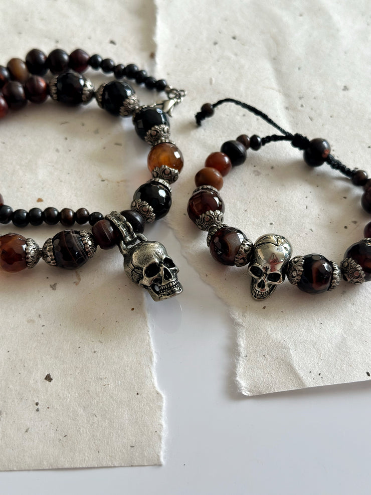 Sterling Silver and Agate Skull Necklace