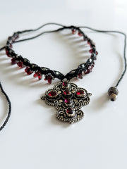 Garnet 925 Silver Cross Macrame Choker