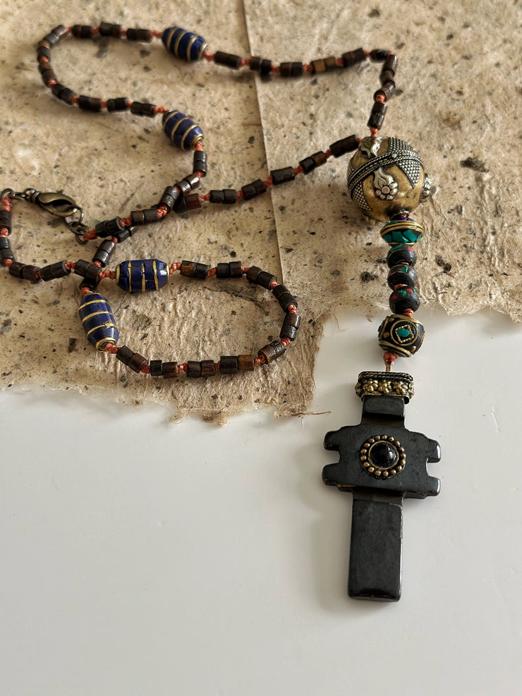 Hand Knotted Rosary with Carved Bone Inlaid Lapiz Lazuli Cross
