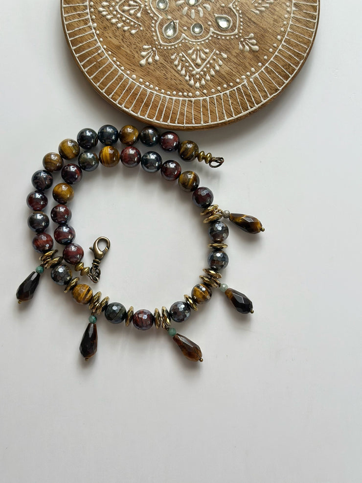 Electroplated Tigers Eye Neckle with Faceted Round Beads and Real 18k Gold Plated Hematite Rondelle and Turquoise