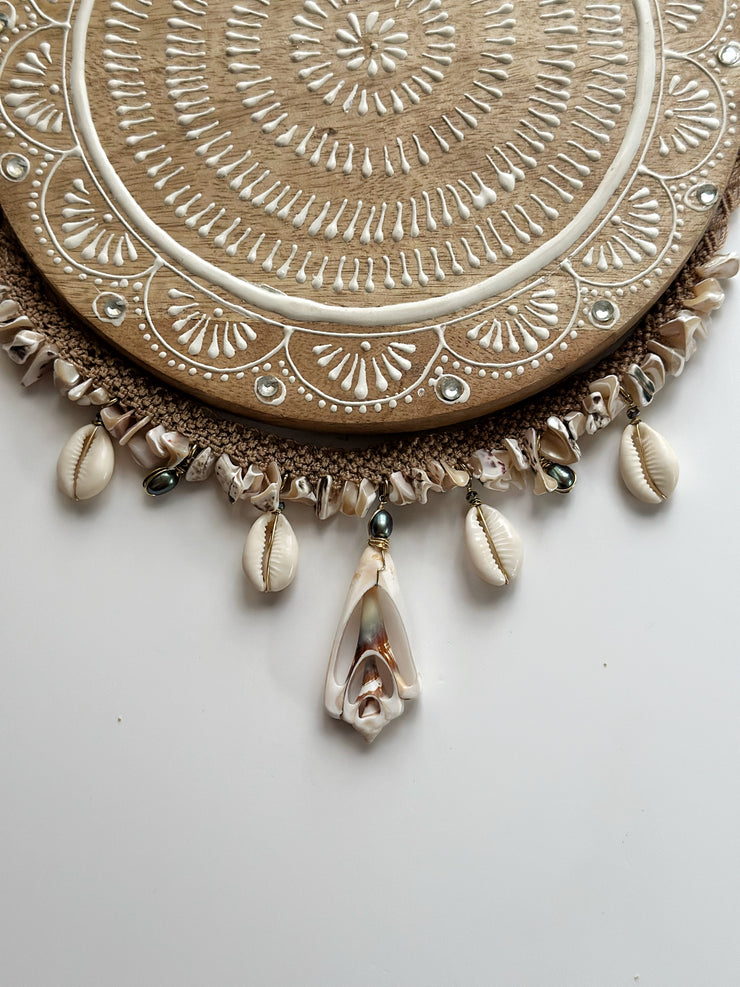 Conch Cowrie and Fresh Water Pearl Macrame Necklace