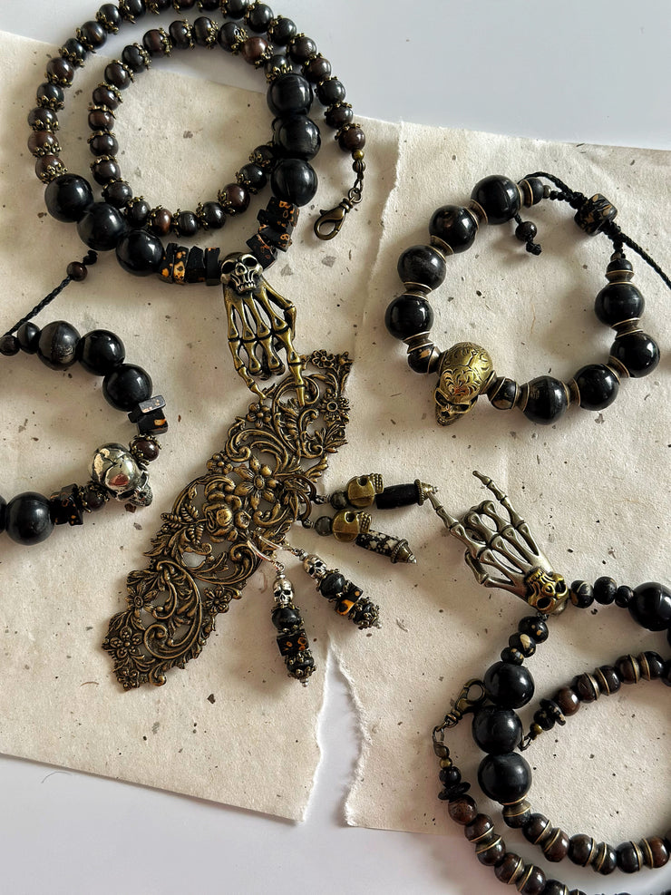 Antique Gold Rock n Roll Skull Necklace