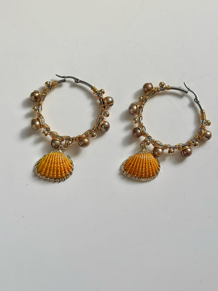 Fresh Water Pearl and Shell Wrapped Hoops