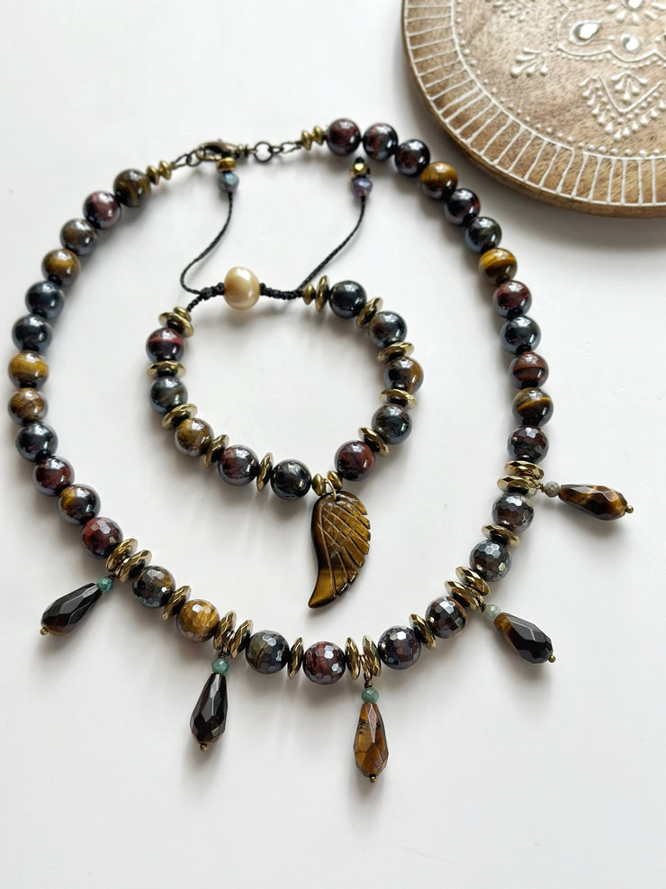 Electroplated Tigers Eye Neckle with Faceted Round Beads and Real 18k Gold Plated Hematite Rondelle and Turquoise