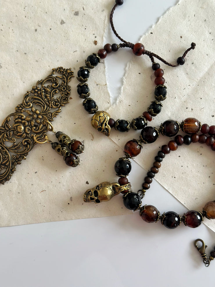 Antique Gold and Agate Skull Necklace