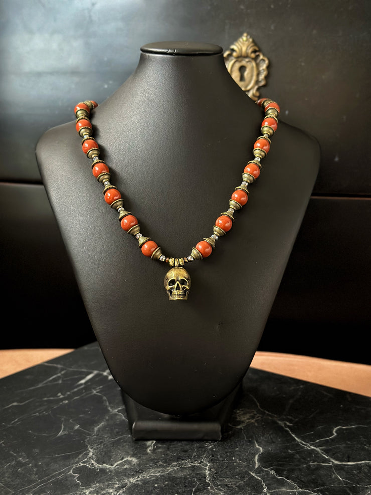 Red Jade Bronze Skull Necklace