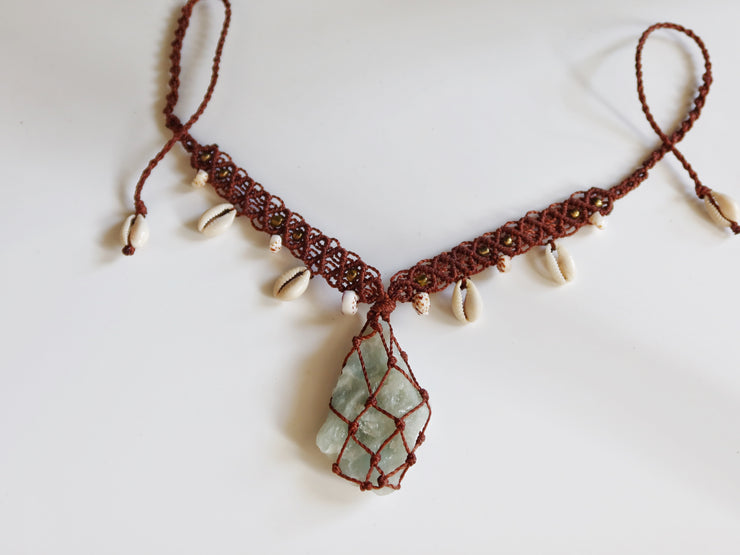 Raw Aquamarine Crystal Macrame Necklace with Cowrie Shells