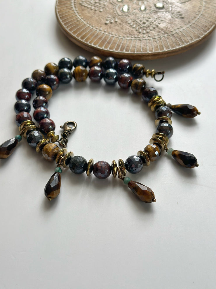 Electroplated Tigers Eye Neckle with Faceted Round Beads and Real 18k Gold Plated Hematite Rondelle and Turquoise