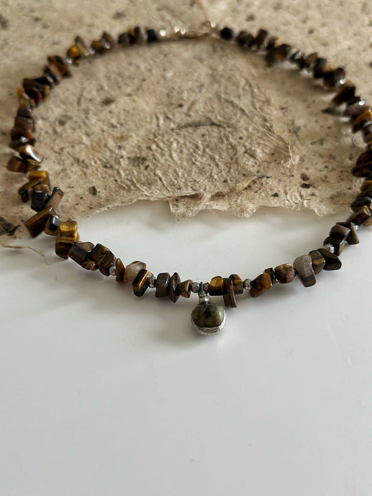 Tigers Eye Puka with African Turquoise Pendant and Silver Hematite
