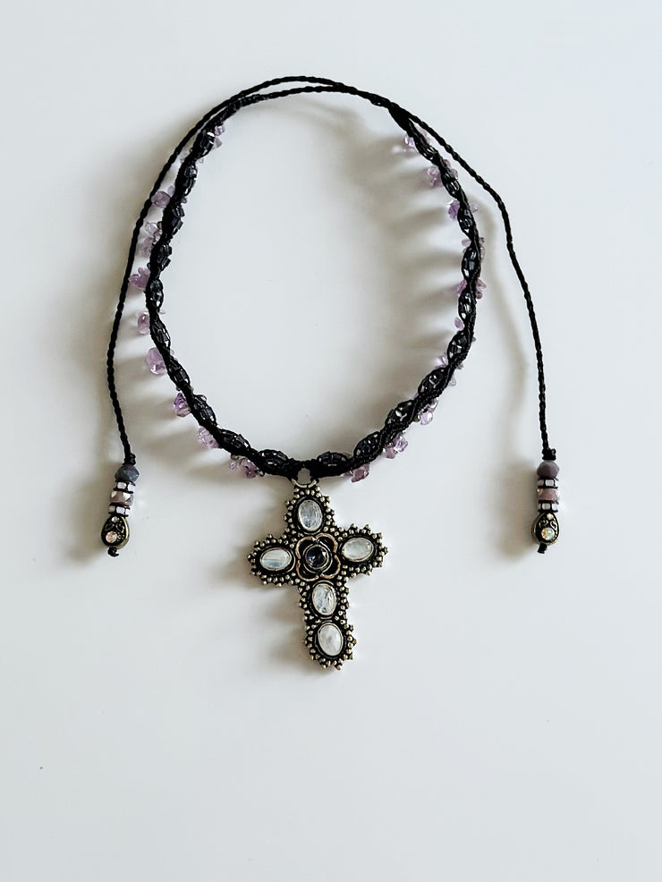 Quartz and Amethyst 925 Cross Macrame Choker