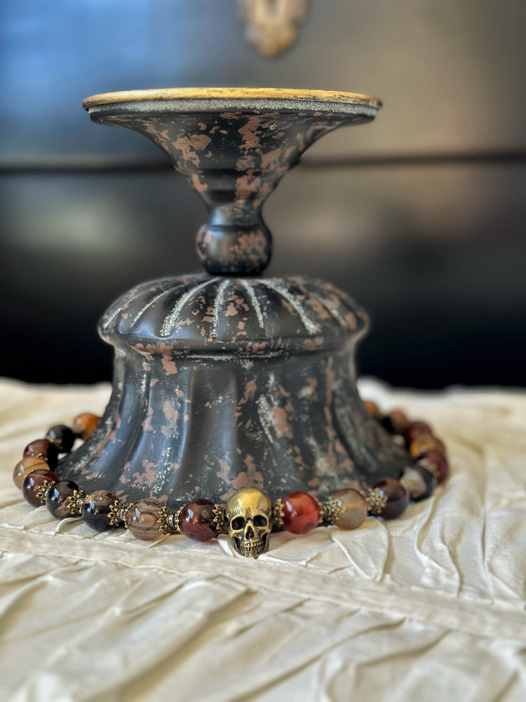 Red Agate Bronze Skull Necklace