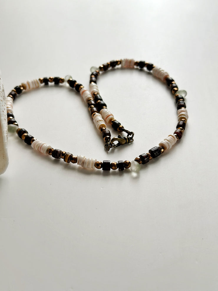 Red Lip Shell, Black Lip Shell, Hematite and Sea Glass Necklace