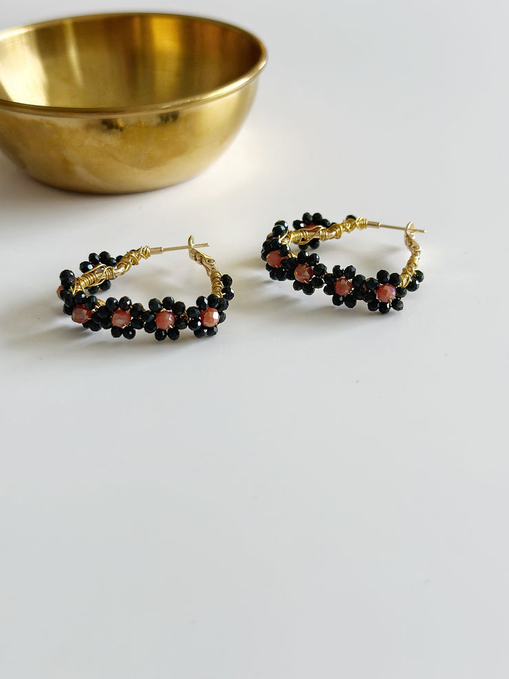 Hand Wrapped Black Flower Heart Hoops