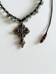 Garnet and Labradorite 925 Silver Cross Macrame Choker