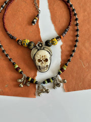 Ancient Tribal Bead and Buffalo Bone Skull Tibetan Silver Necklace