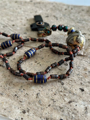 Hand Knotted Rosary with Carved Bone Inlaid Lapiz Lazuli Cross