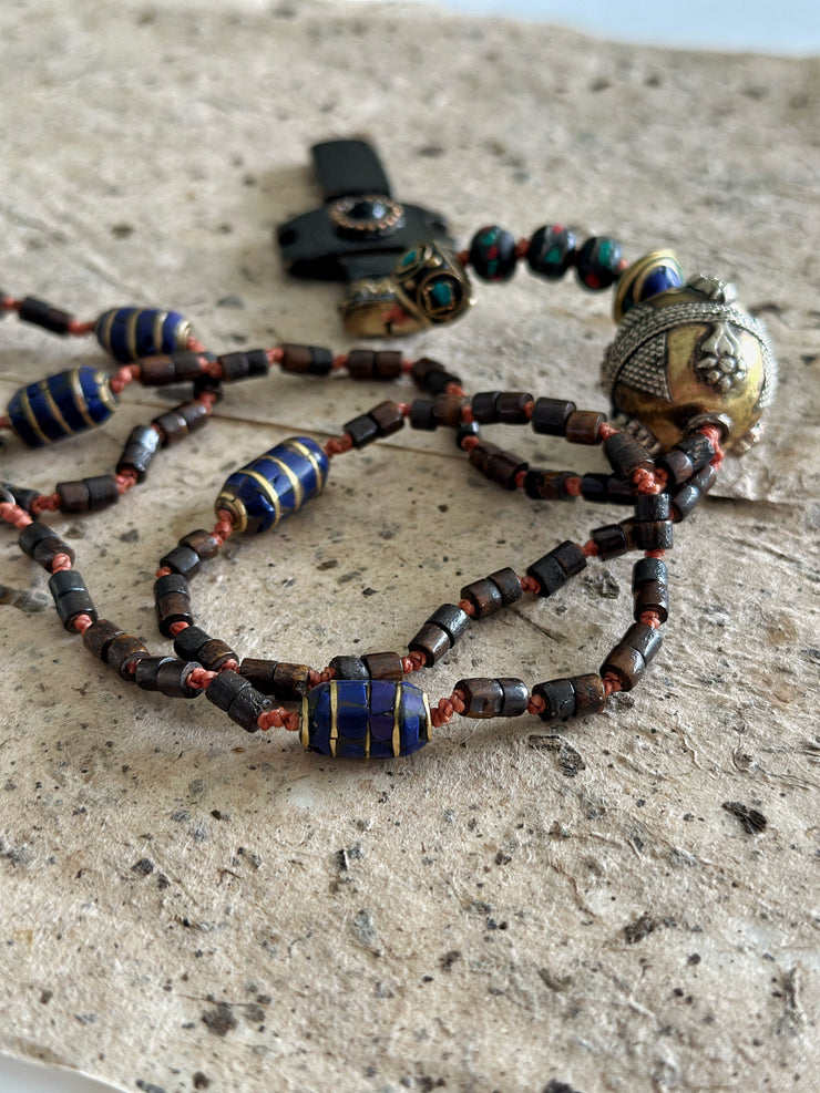 Hand Knotted Rosary with Carved Bone Inlaid Lapiz Lazuli Cross
