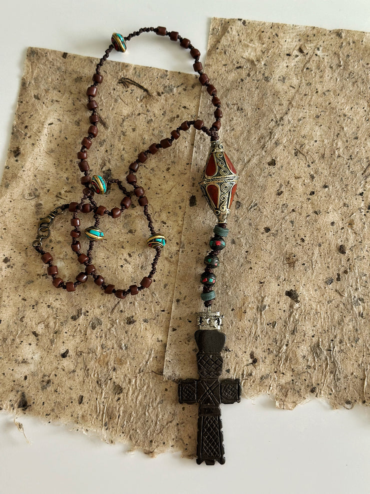 Hand Knotted Rosary with Coral, Tibetan Brass and Carved Bone Cross
