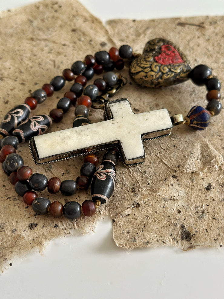 Hand Knotted Rosary with Buffalo Bone Cross Tibetan Silver, Brass, and Recycled Glass