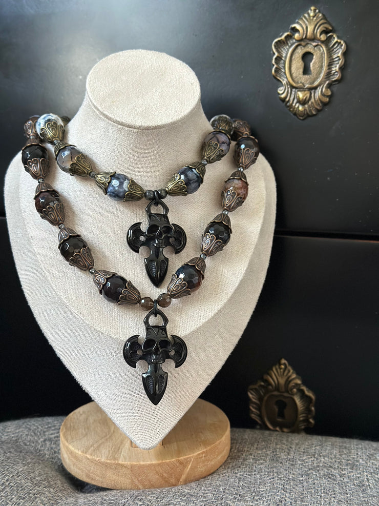Dragon Vein Agate Skull Dagger Necklace