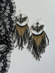 Night Moth Beaded Fringe Earrings Mixed Metal