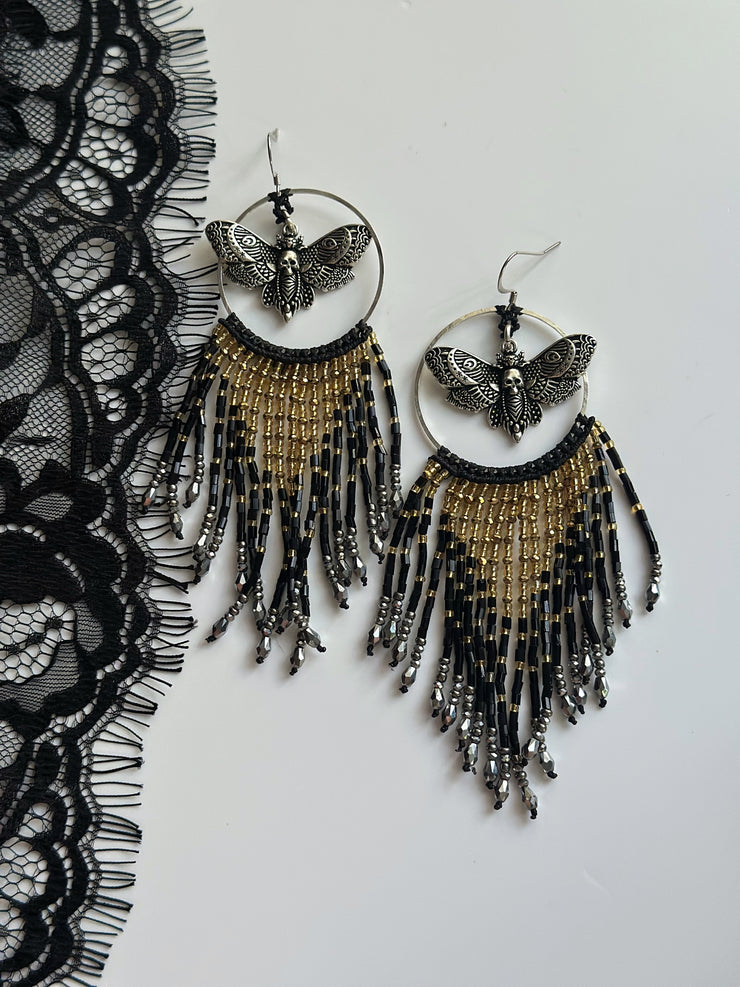 Night Moth Beaded Fringe Earrings Mixed Metal
