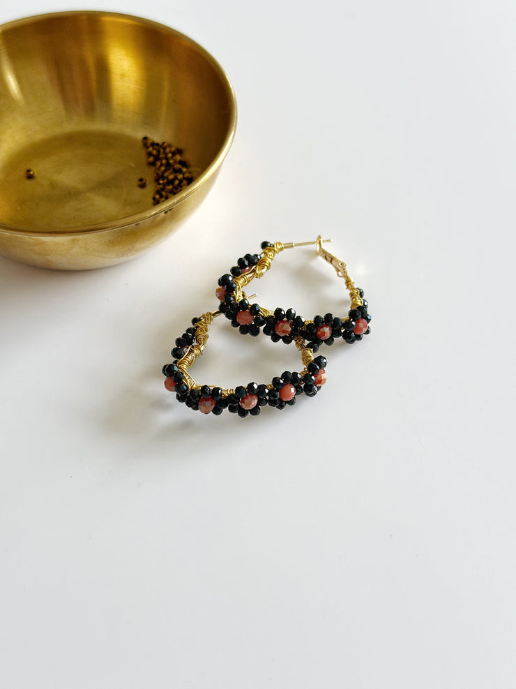 Hand Wrapped Black Flower Heart Hoops