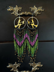 Spooky Season Purple and Green Beaded Fringe Earrings