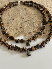 Tigers Eye Puka with African Turquoise Pendant and Silver Hematite