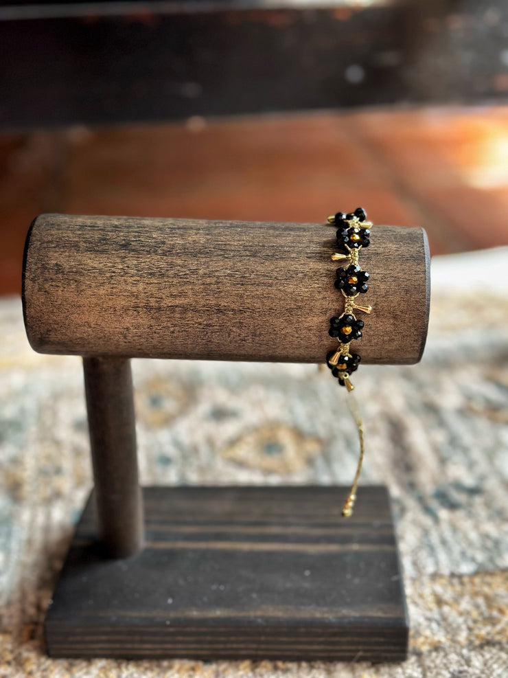 Black Beaded Flower with Brass Stem Bracelet