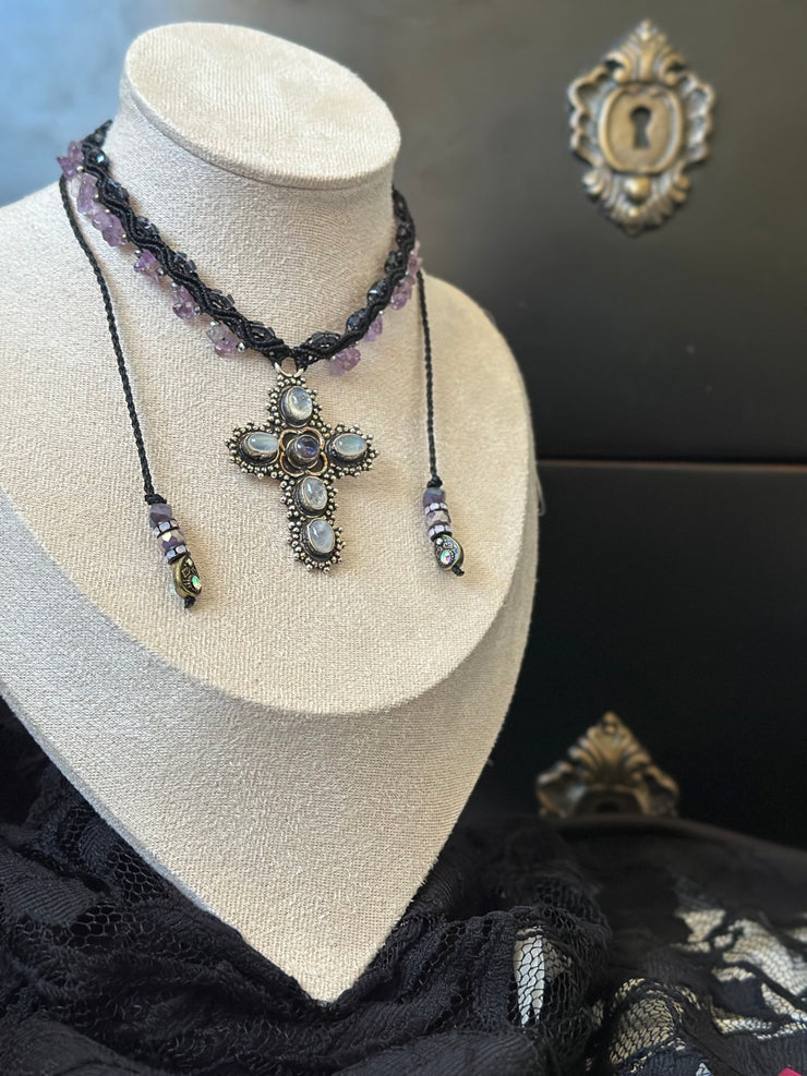 Quartz and Amethyst 925 Cross Macrame Choker