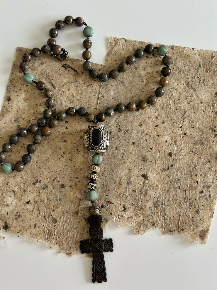 Hand Knotted Rosary With Carved Bone Cross and Bronzite