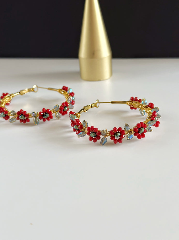 Hand Wrapped Beaded Red Flower Hoops Large