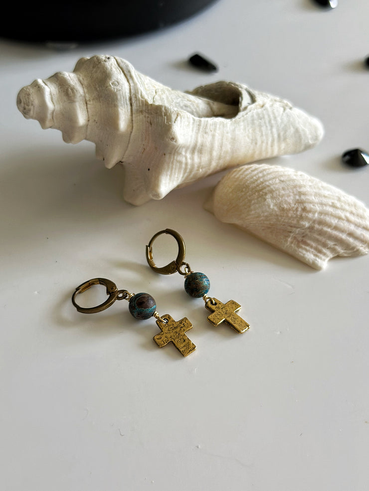 Gold and Patina Cross Earrings