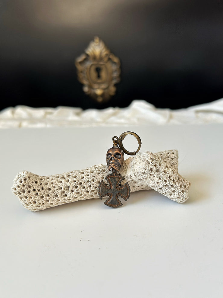 Copper Skull and Antique Cross Earring