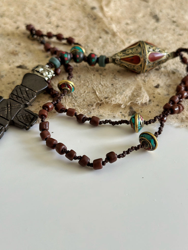Hand Knotted Rosary with Coral, Tibetan Brass and Carved Bone Cross