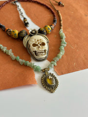 Ancient Tribal Bead and Buffalo Bone Skull Tibetan Silver Necklace