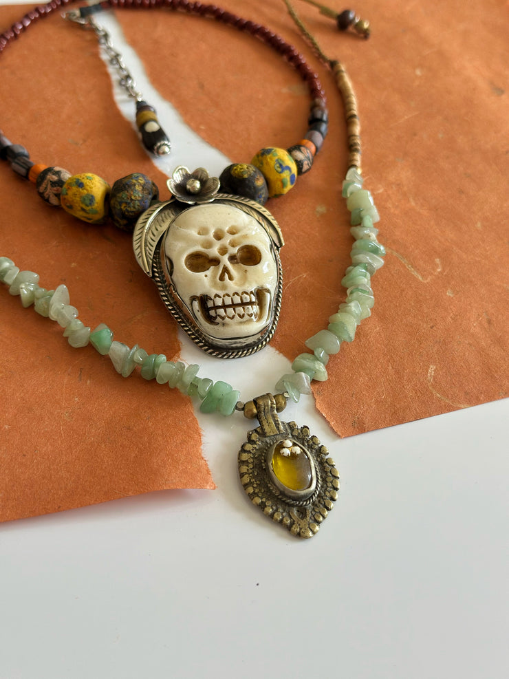 Ancient Tribal Bead and Buffalo Bone Skull Tibetan Silver Necklace