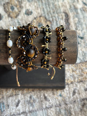 Black Beaded Flower with Brass Stem Bracelet