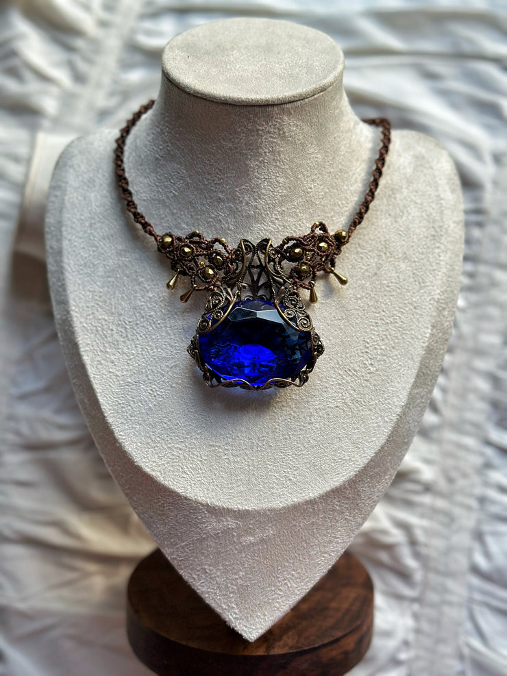 Micro Macrame Necklace with Rare Vintage Cobalt Czech Glass