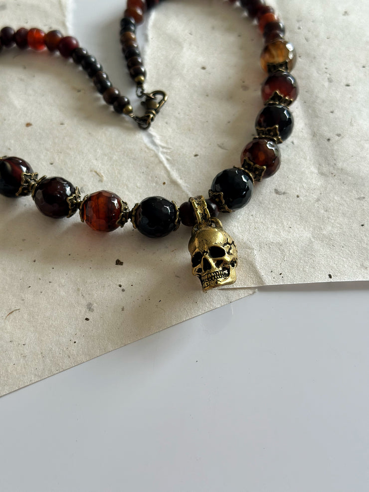 Antique Gold and Agate Skull Necklace