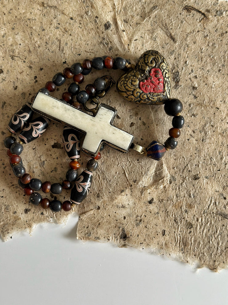 Hand Knotted Rosary with Buffalo Bone Cross Tibetan Silver, Brass, and Recycled Glass